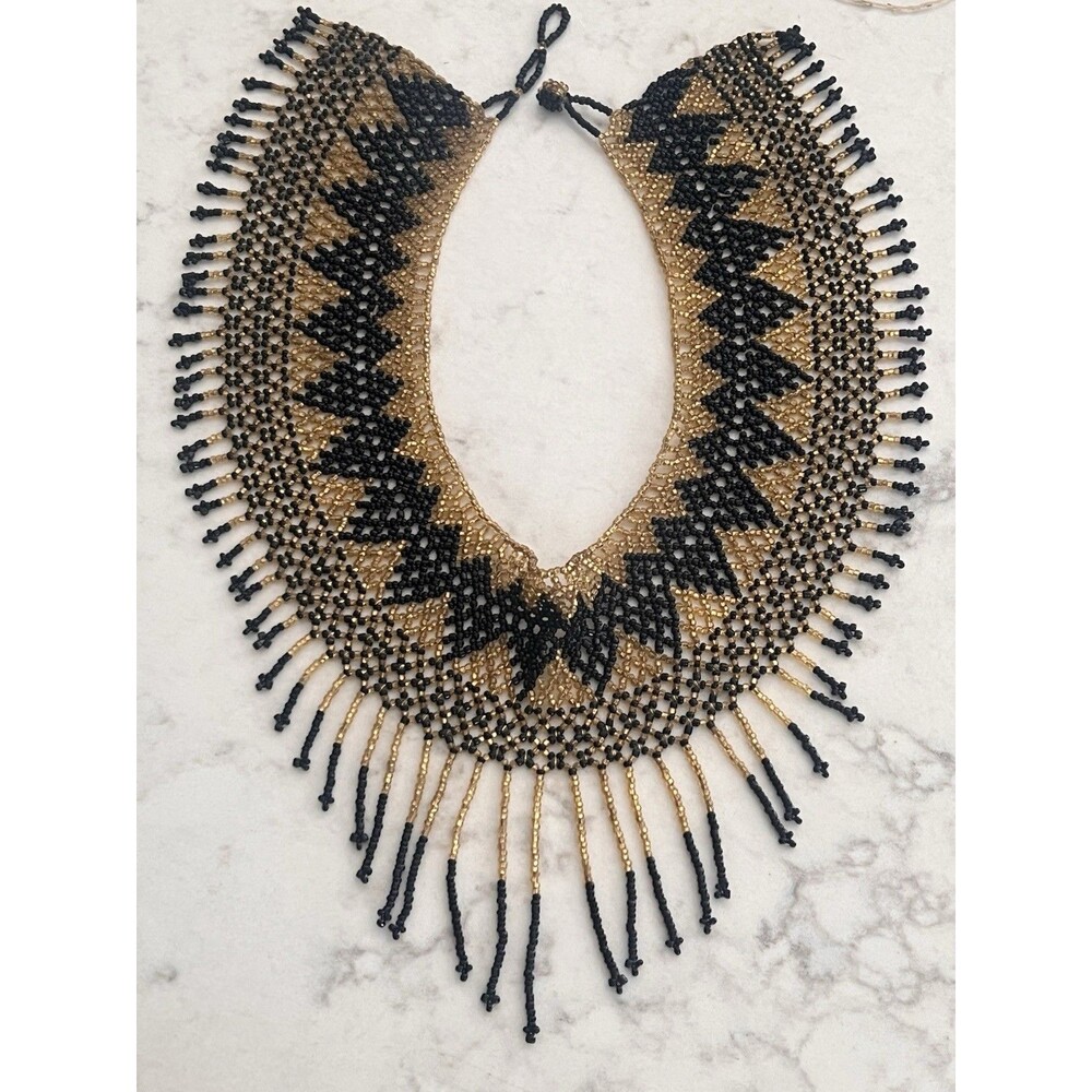 Vintage Native American Style Hand Beaded Fringe Collar Necklace Black Gold 15”
